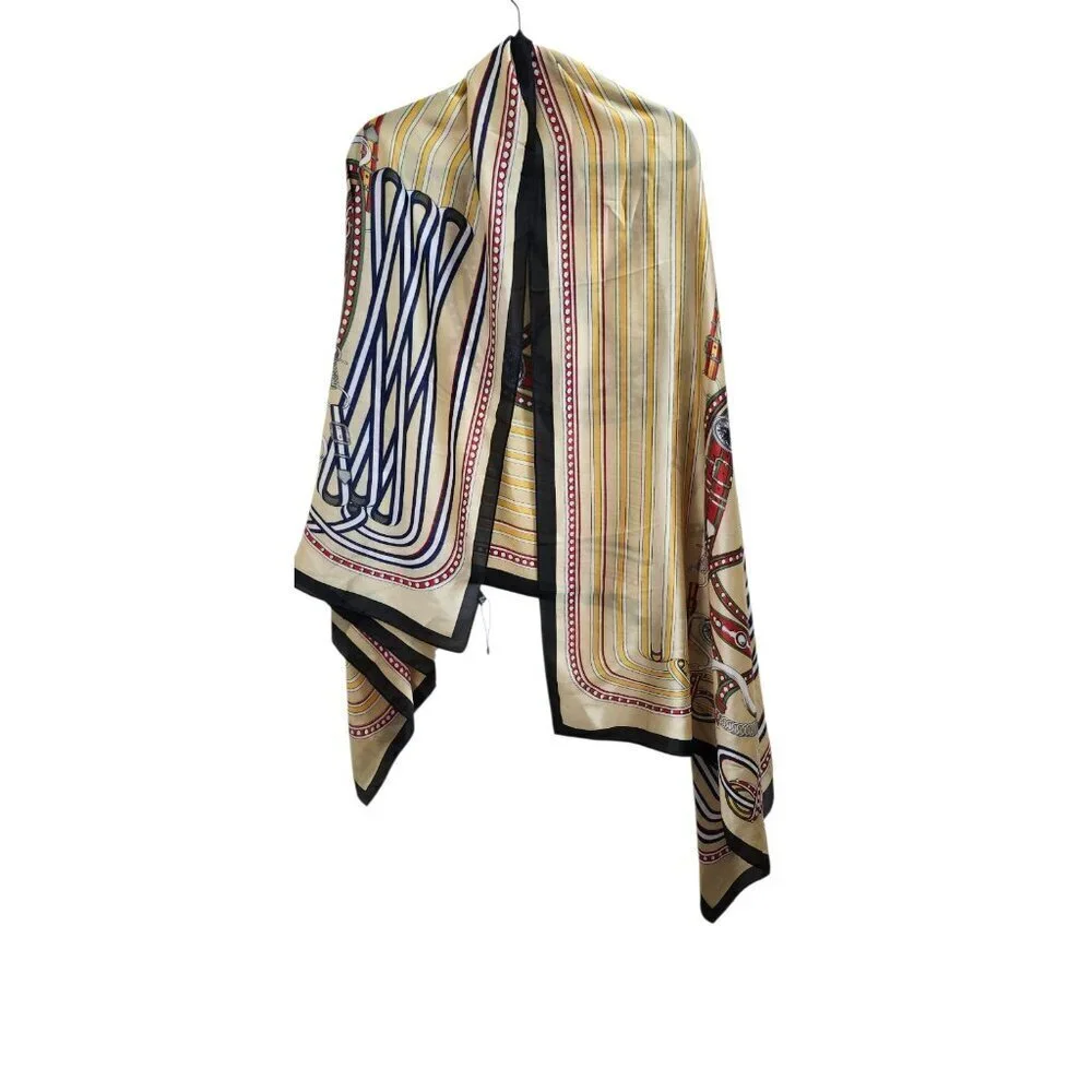 Designer Silk Scarf Beige Gold Red Navy Women’s Equestrian Print Chic Luxury
